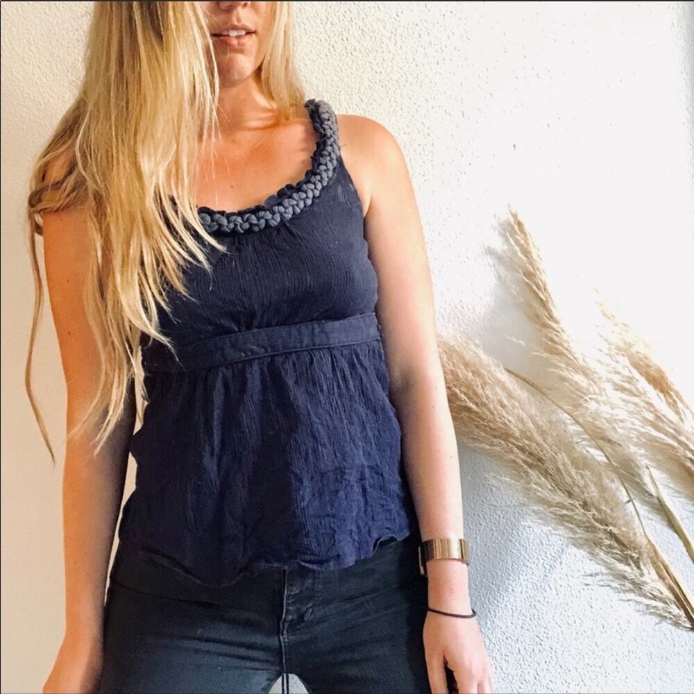 ANTHROPOLOGIE Floreat Navy Blue Braided Grecian Tie Tank Top Blouse Shirt 2